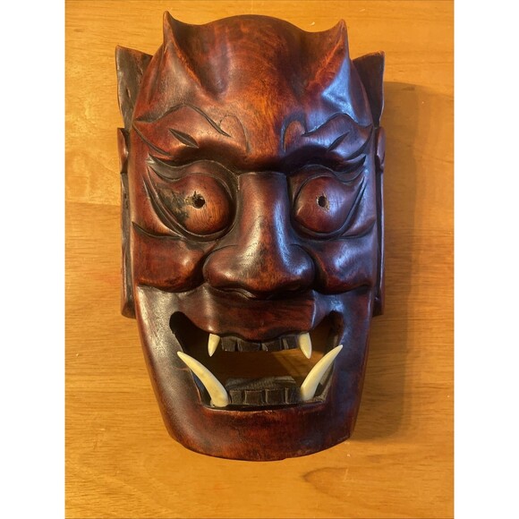 Japanese Wood Oni Mask Noh Carved Kyougen Kagura Hannya Devil Demon Wall - Picture 8 of 8
